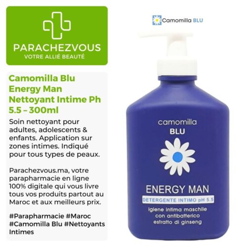 Produit de la marque Camomilla Blu Energy Man Nettoyant Intime Pour Homme Ph 5.5 - 300ml sur un fond blanc, vert et gris avec un logo Parachezvous et celui de la marque Camomilla Blu ainsi qu'une description qui détail les informations du produit