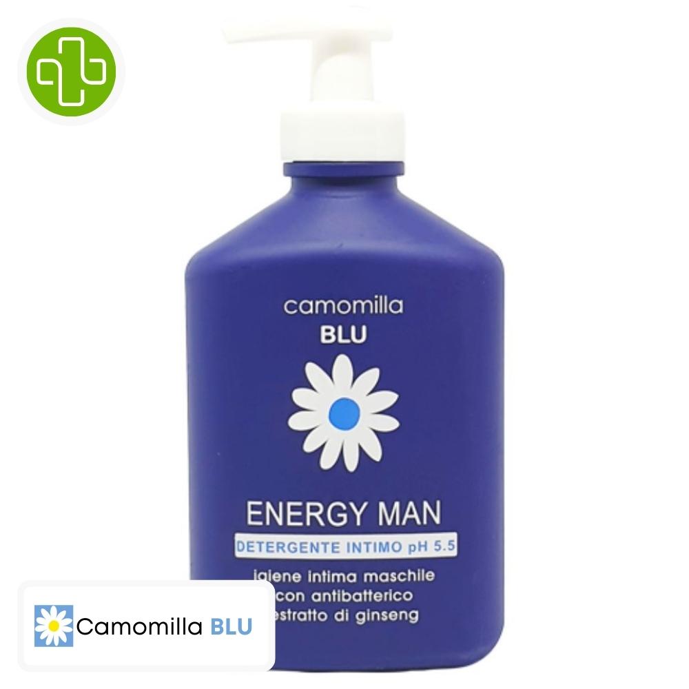 Produit de la marque camomilla blu energy man nettoyant intime pour homme ph 5. 5 - 300ml sur un fond blanc avec un logo parachezvous et celui de de la marque camomilla blu