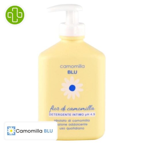 Produit de la marque Camomilla Blu Fior Di Camomilla Nettoyant Intime à Usage Quotidien Ph 4.5 - 300ml sur un fond blanc avec un logo Parachezvous et celui de de la marque Camomilla Blu