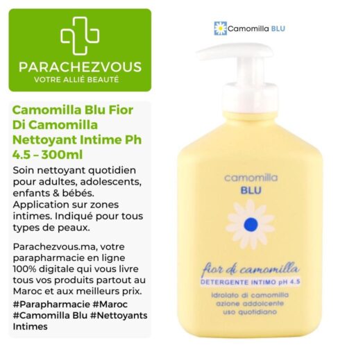 Produit de la marque Camomilla Blu Fior Di Camomilla Nettoyant Intime à Usage Quotidien Ph 4.5 - 300ml sur un fond blanc, vert et gris avec un logo Parachezvous et celui de la marque Camomilla Blu ainsi qu'une description qui détail les informations du produit