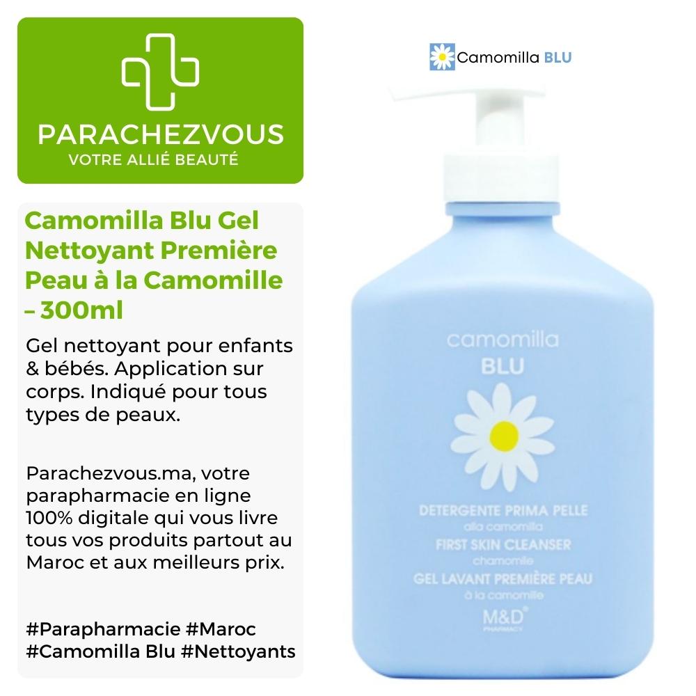 Produit de la marque camomilla blu gel nettoyant première peau à la camomille - 300ml sur un fond blanc, vert et gris avec un logo parachezvous et celui de la marque camomilla blu ainsi qu'une description qui détail les informations du produit