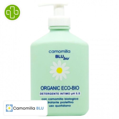 Produit de la marque Camomilla Blu Organic Eco Bio Nettoyant Intime Ph 5.5 - 300ml sur un fond blanc avec un logo Parachezvous et celui de de la marque Camomilla Blu