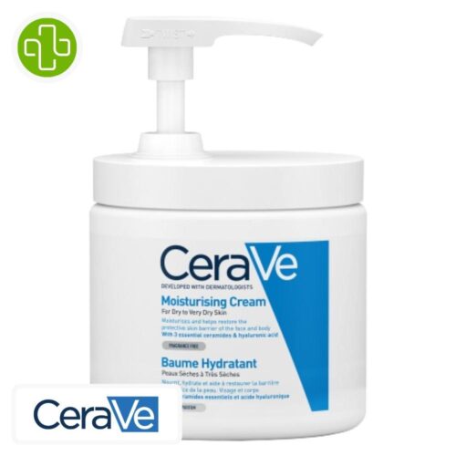 Produit de la marque CeraVe Baume Hydratant Peaux Sèches à Très Sèches avec Pompe - 454g sur un fond blanc avec un logo Parachezvous et celui de de la marque CeraVe