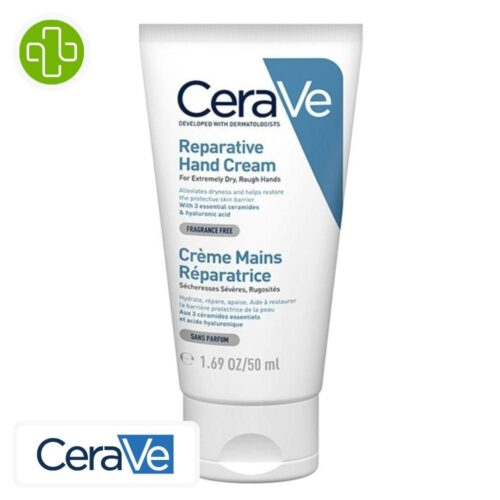Produit de la marque CeraVe Crème Mains Réparatrice Peaux Sèches à Très Sèches & Rugueuses - 50ml sur un fond blanc avec un logo Parachezvous et celui de de la marque CeraVe