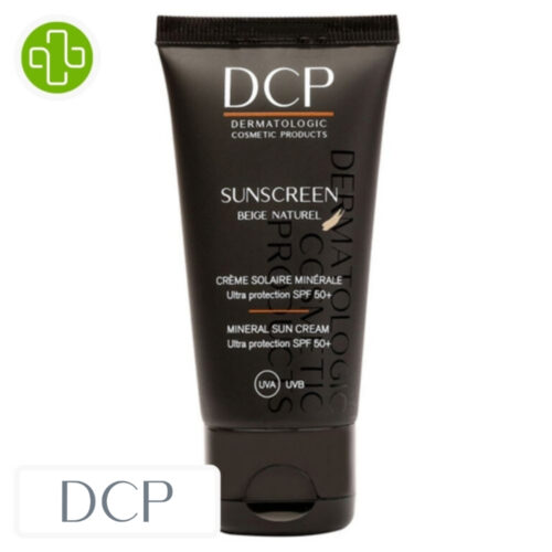 Produit de la marque DCP Sunscreen Beige Naturel Crème Solaire Minérale SPf50 - 100ml sur un fond blanc avec un logo Parachezvous et celui de de la marque DCP