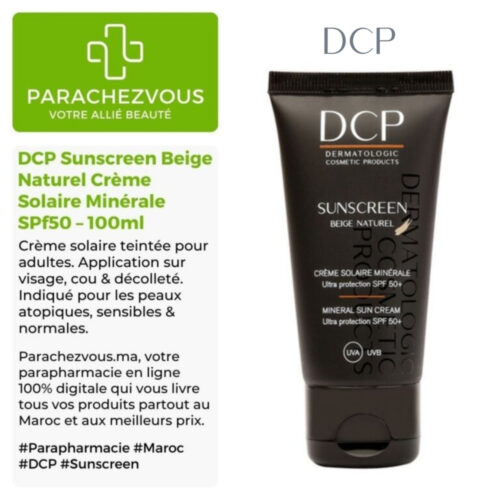 Produit de la marque DCP Sunscreen Beige Naturel Crème Solaire Minérale SPf50 - 100ml sur un fond blanc, vert et gris avec un logo Parachezvous et celui de la marque DCP ainsi qu'une description qui détail les informations du produit