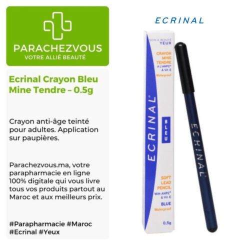 Produit de la marque Ecrinal Crayon Bleu Mine Tendre - 0.5g sur un fond blanc, vert et gris avec un logo Parachezvous et celui de la marque Ecrinal ainsi qu'une description qui détail les informations du produit