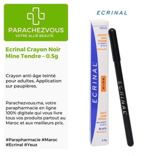 Produit de la marque Ecrinal Crayon Noir Mine Tendre - 0.5g sur un fond blanc, vert et gris avec un logo Parachezvous et celui de la marque Ecrinal ainsi qu'une description qui détail les informations du produit