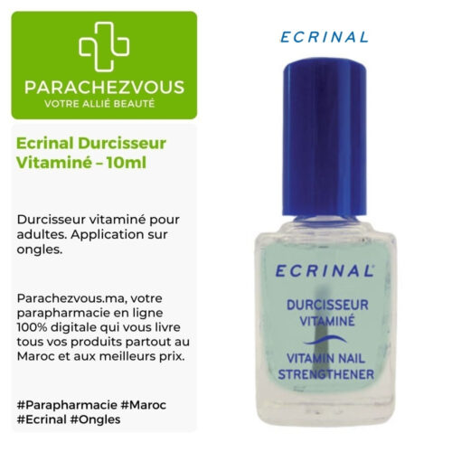 Produit de la marque Ecrinal Durcisseur Vitaminé - 10ml sur un fond blanc, vert et gris avec un logo Parachezvous et celui de la marque Ecrinal ainsi qu'une description qui détail les informations du produit