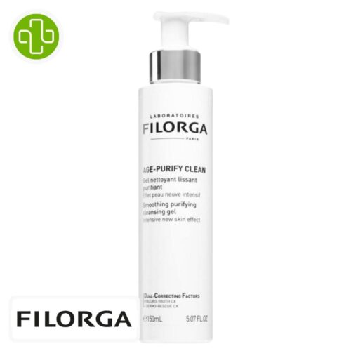 Produit de la marque Filorga Age-Purify Clean Gel Nettoyant Lissant Purifiant Effet Peau Neuve Intensif - 150ml sur un fond blanc avec un logo Parachezvous et celui de de la marque Filorga