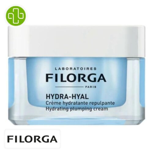 Produit de la marque Filorga Hydra-Hyal Crème Hydratante Repulpante - 50ml sur un fond blanc avec un logo Parachezvous et celui de de la marque Filorga