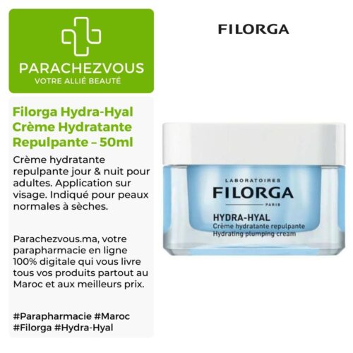 Produit de la marque Filorga Hydra-Hyal Crème Hydratante Repulpante - 50ml sur un fond blanc, vert et gris avec un logo Parachezvous et celui de la marque Filorga ainsi qu'une description qui détail les informations du produit