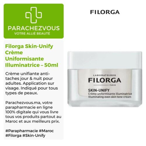 Produit de la marque Filorga Skin-Unify Crème Uniformisante Illuminatrice - 50ml sur un fond blanc, vert et gris avec un logo Parachezvous et celui de la marque Filorga ainsi qu'une description qui détail les informations du produit