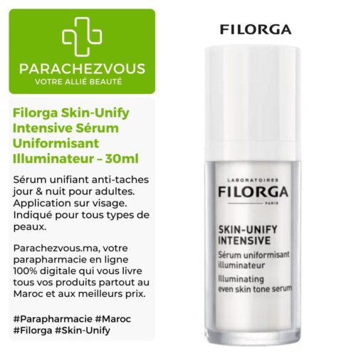 Produit de la marque Filorga Skin-Unify Intensive Sérum Uniformisant Illuminateur - 30ml sur un fond blanc, vert et gris avec un logo Parachezvous et celui de la marque Filorga ainsi qu'une description qui détail les informations du produit