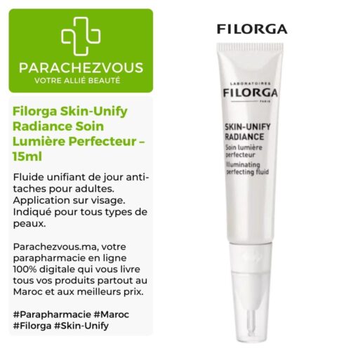 Produit de la marque Filorga Skin-Unify Radiance Soin Lumière Perfecteur - 15ml sur un fond blanc, vert et gris avec un logo Parachezvous et celui de la marque Filorga ainsi qu'une description qui détail les informations du produit