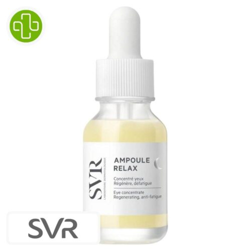 Produit de la marque SVR Ampoule Relax Concentré Yeux Régénérant Défatiguant – 15ml sur un fond blanc avec un logo Parachezvous et celui de de la marque SVR