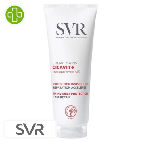 Produit de la marque SVR Cicavit+ Mains Crème Protectrice Réparatrice – 75g sur un fond blanc avec un logo Parachezvous et celui de de la marque SVR