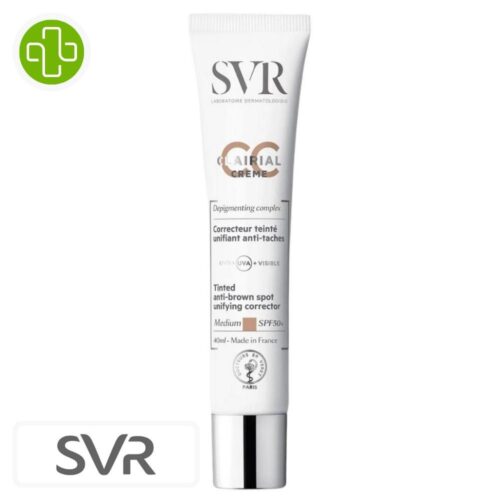 Produit de la marque SVR Clairial CC Medium Spf50 Crème Correctrice Teintée Unifiante Anti-Taches – 40ml sur un fond blanc avec un logo Parachezvous et celui de de la marque SVR
