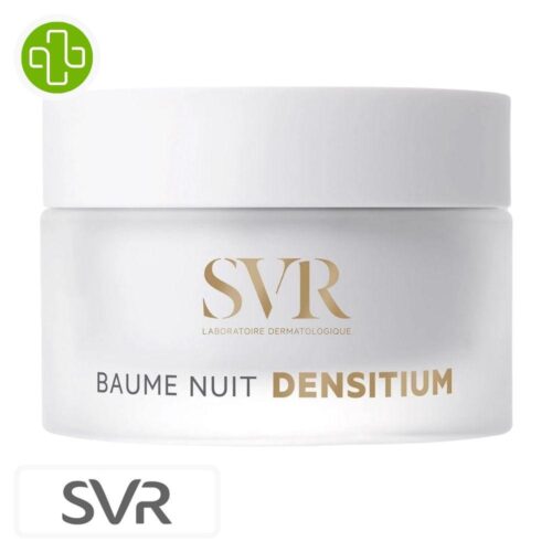 Produit de la marque SVR Densitium Baume Nuit Réparateur Global Régénérant Intense – 50ml sur un fond blanc avec un logo Parachezvous et celui de de la marque SVR