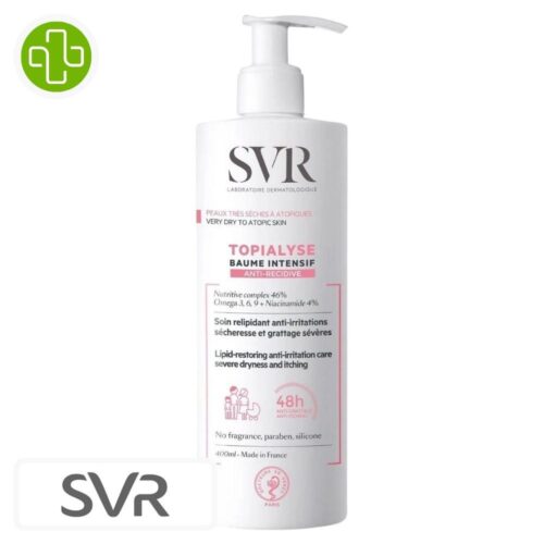 Produit de la marque SVR Topialyse Baume Intensif Relipidant Anti-Irritations Sécheresse & Grattage Sévère – 400ml sur un fond blanc avec un logo Parachezvous et celui de de la marque SVR