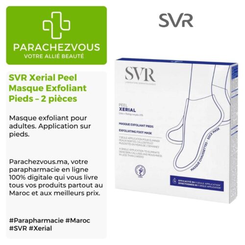 Produit de la marque SVR Xerial Peel Masque Exfoliant Pieds – 2 pièces sur un fond blanc, vert et gris avec un logo Parachezvous et celui de la marque SVR ainsi qu'une description qui détail les informations du produit