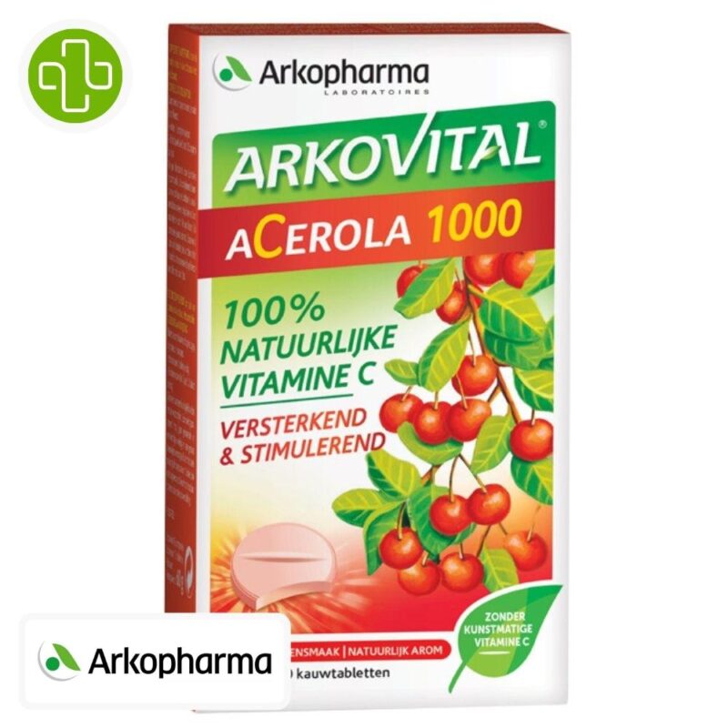 Produit de la marque arkopharma acerola 1000 vitamine c naturelle 100% d'origine végétale fortifiant & tonifiant - 30 comprimés sur un fond blanc avec un logo parachezvous et celui de de la marque arkopharma
