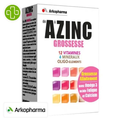 Produit de la marque arkopharma azinc grossesse 12 vitamines - 30 comprimés sur un fond blanc avec un logo parachezvous et celui de de la marque arkopharma