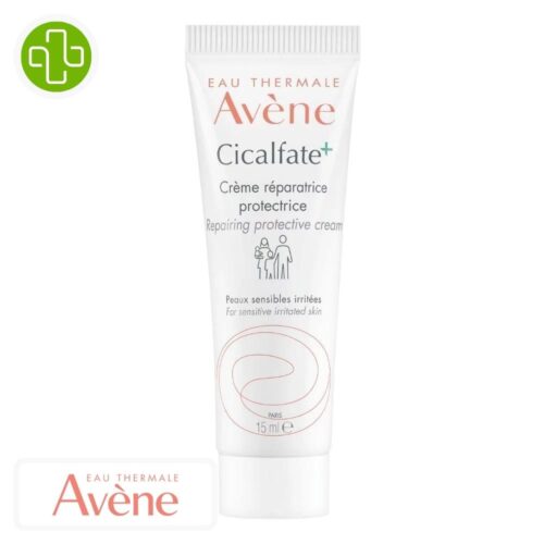 Produit de la marque Avène Cicalfate+ Crème Réparatrice Protectrice - 15ml sur un fond blanc avec un logo Parachezvous et celui de de la marque Avène