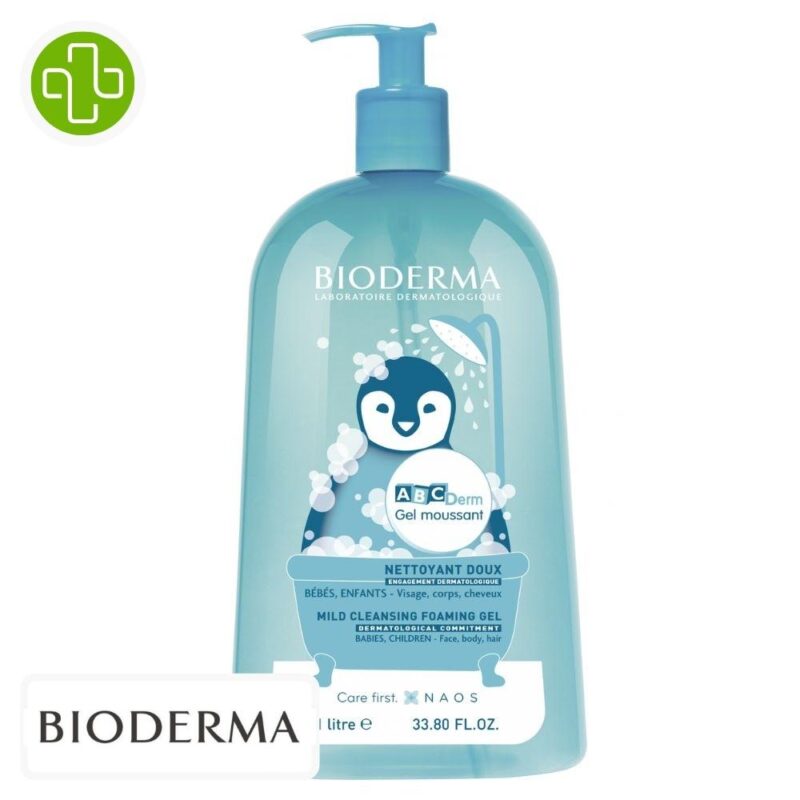 Produit de la marque bioderma abcderm gel moussant nettoyant doux - 1l sur un fond blanc avec un logo parachezvous et celui de de la marque bioderma