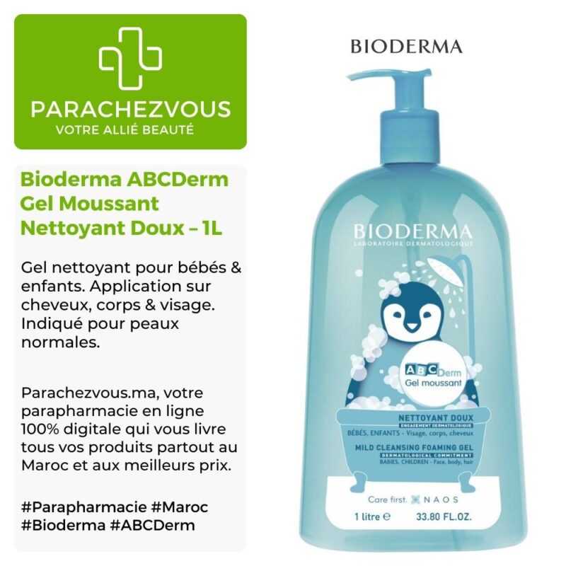 Produit de la marque bioderma abcderm gel moussant nettoyant doux - 1l sur un fond blanc, vert et gris avec un logo parachezvous et celui de la marque bioderma ainsi qu'une description qui détail les informations du produit