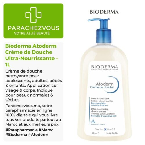 Produit de la marque Bioderma Atoderm Crème de Douche Ultra-Nourrissante - 1L sur un fond blanc, vert et gris avec un logo Parachezvous et celui de la marque Bioderma ainsi qu'une description qui détail les informations du produit