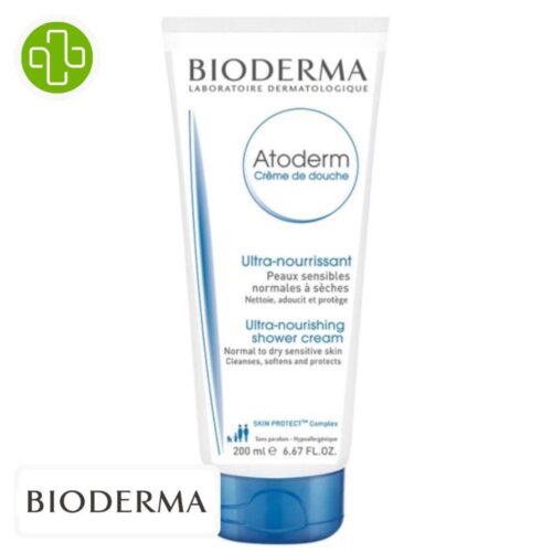 Produit de la marque Bioderma Atoderm Crème de Douche Ultra-Nourrissante - 200ml sur un fond blanc avec un logo Parachezvous et celui de de la marque Bioderma
