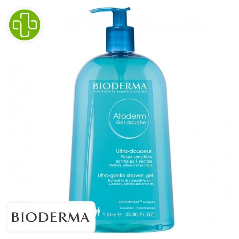 Produit de la marque bioderma atoderm gel-douche ultra-douceur - 1l sur un fond blanc avec un logo parachezvous et celui de de la marque bioderma