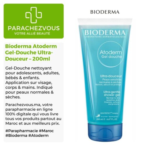 Produit de la marque Bioderma Atoderm Gel-Douche Ultra-Douceur - 200ml sur un fond blanc, vert et gris avec un logo Parachezvous et celui de la marque Bioderma ainsi qu'une description qui détail les informations du produit