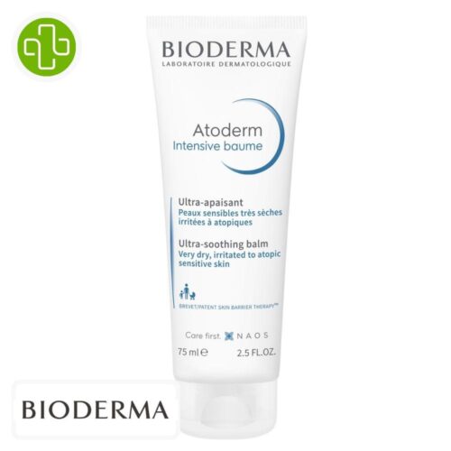 Produit de la marque Bioderma Atoderm Intensive Baume Ultra-Apaisant - 75ml sur un fond blanc avec un logo Parachezvous et celui de de la marque Bioderma