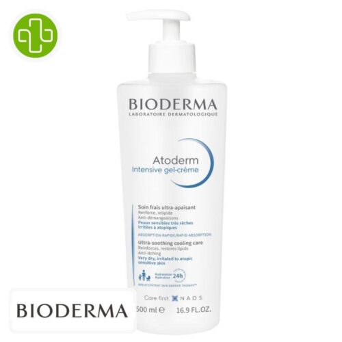 Produit de la marque Bioderma Atoderm Intensive Gel-Crème Frais Ultra-Apaisant - 500ml sur un fond blanc avec un logo Parachezvous et celui de de la marque Bioderma