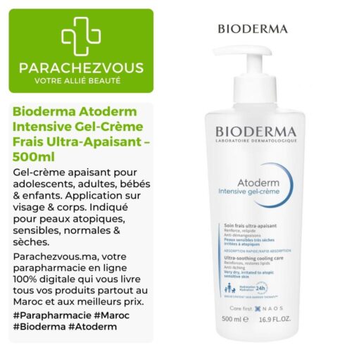 Produit de la marque Bioderma Atoderm Intensive Gel-Crème Frais Ultra-Apaisant - 500ml sur un fond blanc, vert et gris avec un logo Parachezvous et celui de la marque Bioderma ainsi qu'une description qui détail les informations du produit