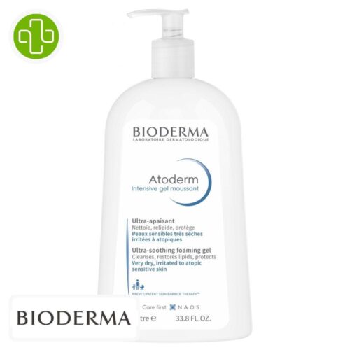 Produit de la marque Bioderma Atoderm Intensive Gel Moussant Nettoyant Ultra-Apaisant - 1L sur un fond blanc avec un logo Parachezvous et celui de de la marque Bioderma