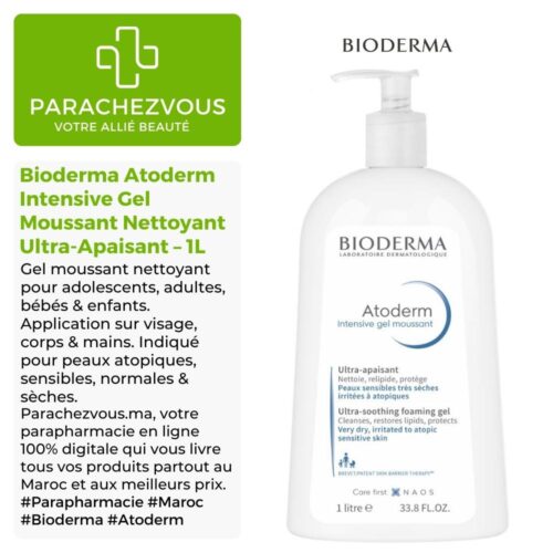 Produit de la marque Bioderma Atoderm Intensive Gel Moussant Nettoyant Ultra-Apaisant - 1L sur un fond blanc, vert et gris avec un logo Parachezvous et celui de la marque Bioderma ainsi qu'une description qui détail les informations du produit