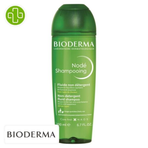 Produit de la marque Bioderma Nodé Shampooing Fluide Non Détergent - 200ml sur un fond blanc avec un logo Parachezvous et celui de de la marque Bioderma