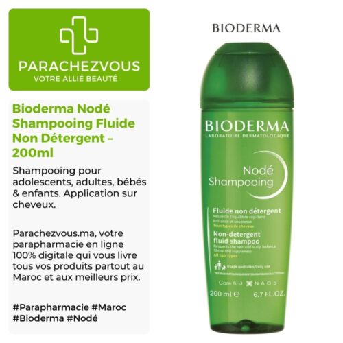 Produit de la marque Bioderma Nodé Shampooing Fluide Non Détergent - 200ml sur un fond blanc, vert et gris avec un logo Parachezvous et celui de la marque Bioderma ainsi qu'une description qui détail les informations du produit