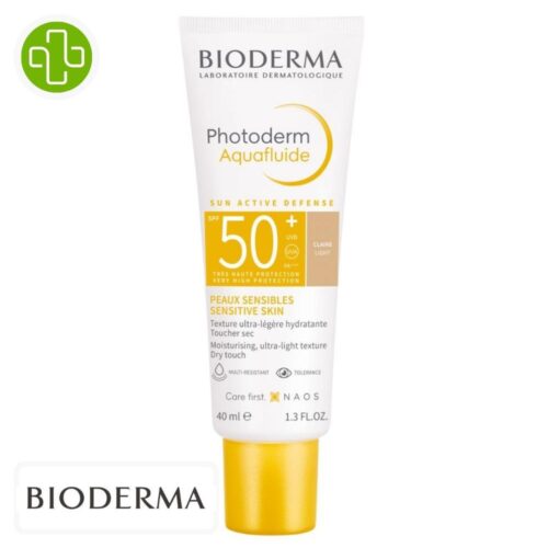 Produit de la marque Bioderma Photoderm Aquafluide Solaire Teinté Claire Spf50 - 40ml sur un fond blanc avec un logo Parachezvous et celui de de la marque Bioderma