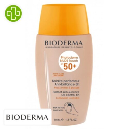 Produit de la marque Bioderma Photoderm Nude Touch Solaire Perfecteur Anti-Brillance 8h Teinté Claire Spf50 - 40ml sur un fond blanc avec un logo Parachezvous et celui de de la marque Bioderma