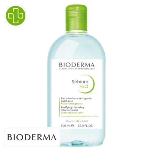 Produit de la marque Bioderma Sébium H2O Solution Micellaire Nettoyante Purifiante - 500ml sur un fond blanc avec un logo Parachezvous et celui de de la marque Bioderma