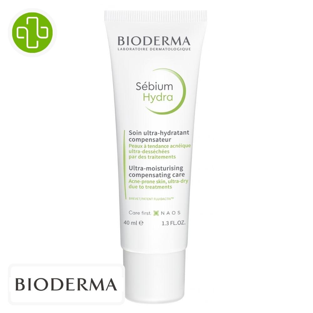 Produit de la marque Bioderma Sébium Hydra Soin Ultra-Hydratant Compensateur - 40ml sur un fond blanc avec un logo Parachezvous et celui de de la marque Bioderma