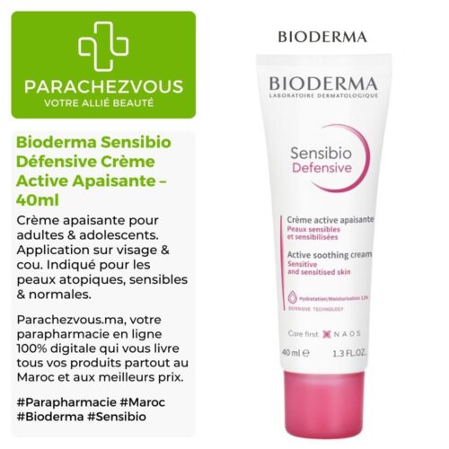 Produit de la marque Bioderma Sensibio Défensive Crème Active Apaisante - 40ml sur un fond blanc, vert et gris avec un logo Parachezvous et celui de la marque Bioderma ainsi qu'une description qui détail les informations du produit