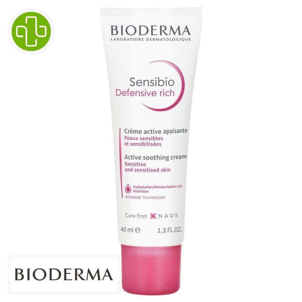 Produit de la marque Bioderma Sensibio Défensive Riche Crème Active Apaisante - 40ml sur un fond blanc avec un logo Parachezvous et celui de de la marque Bioderma