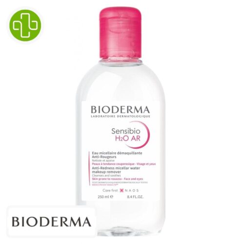 Produit de la marque Bioderma Sensibio H2O AR Eau Micellaire Démaquillante Anti-Rougeurs - 250ml sur un fond blanc avec un logo Parachezvous et celui de de la marque Bioderma