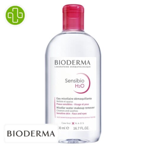 Produit de la marque Bioderma Sensibio H2O Eau Micellaire Démaquillante Apaisante - 500ml sur un fond blanc avec un logo Parachezvous et celui de de la marque Bioderma