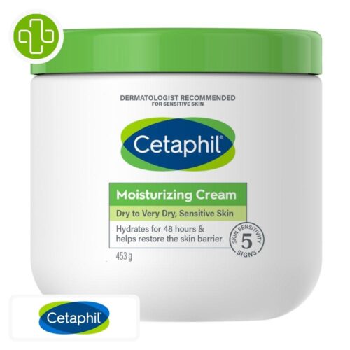 Produit de la marque Cetaphil Crème Hydratante Peaux Sèches & Sensibles - 453g sur un fond blanc avec un logo Parachezvous et celui de de la marque Cetaphil
